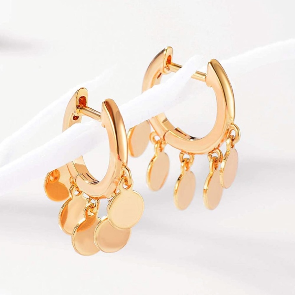 NEW 14K Gold Dainty Disc Huggie Hoops Tassels